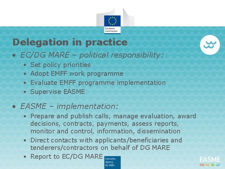 Delegation in practice • EC/DG MARE – political responsibility: • • Set policy priorities