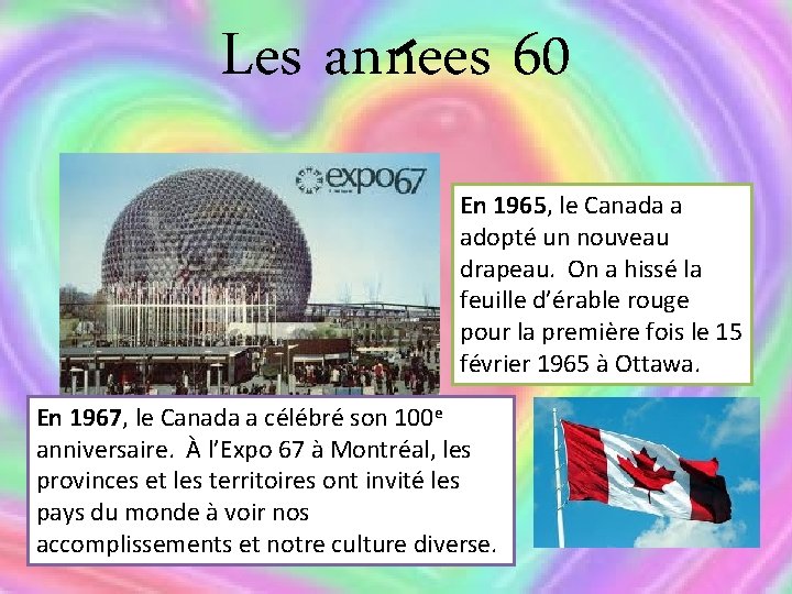 Les annees 60 En 1965, le Canada a adopté un nouveau drapeau. On a