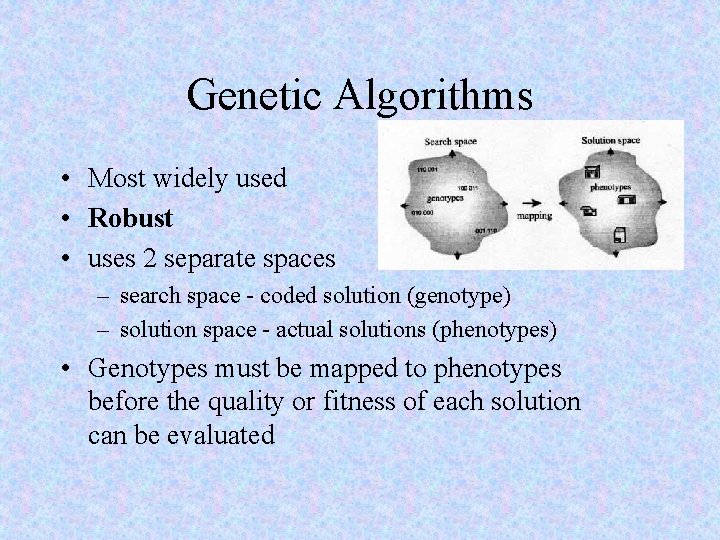 Genetic Algorithms • Most widely used • Robust • uses 2 separate spaces –