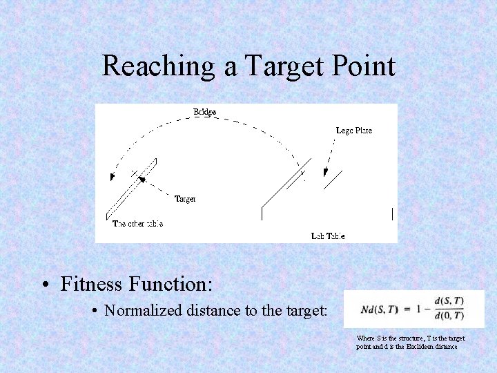 Reaching a Target Point • Fitness Function: • Normalized distance to the target: Where