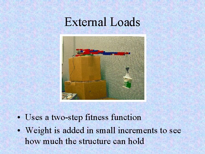 External Loads • Uses a two-step fitness function • Weight is added in small