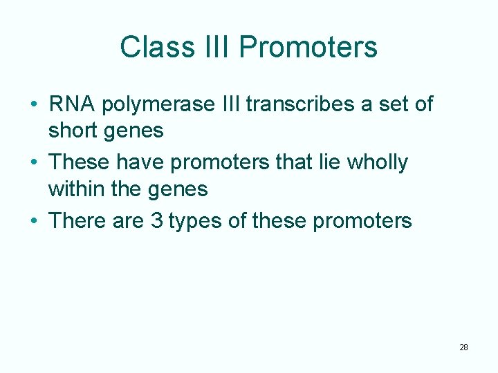 Class III Promoters • RNA polymerase III transcribes a set of short genes •