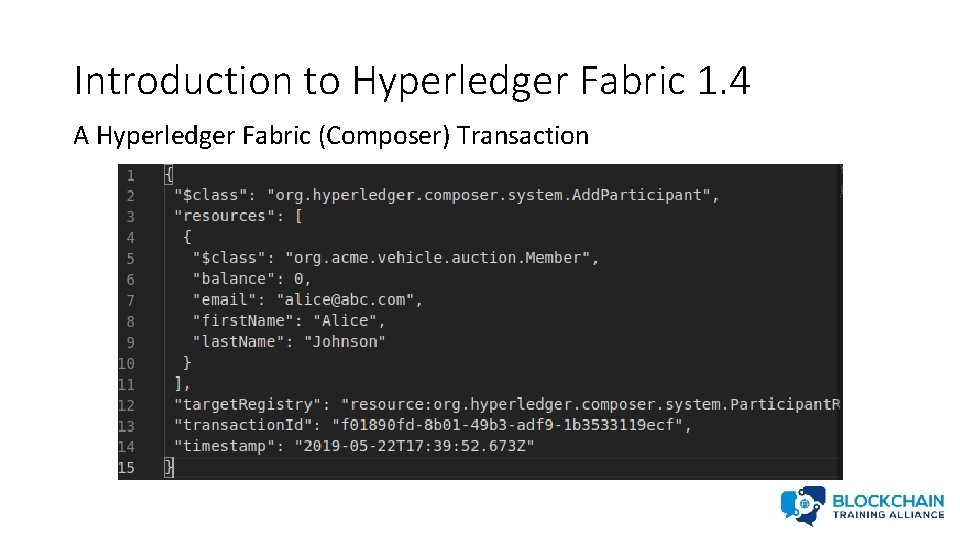 Introduction to Hyperledger Fabric 1. 4 A Hyperledger Fabric (Composer) Transaction 