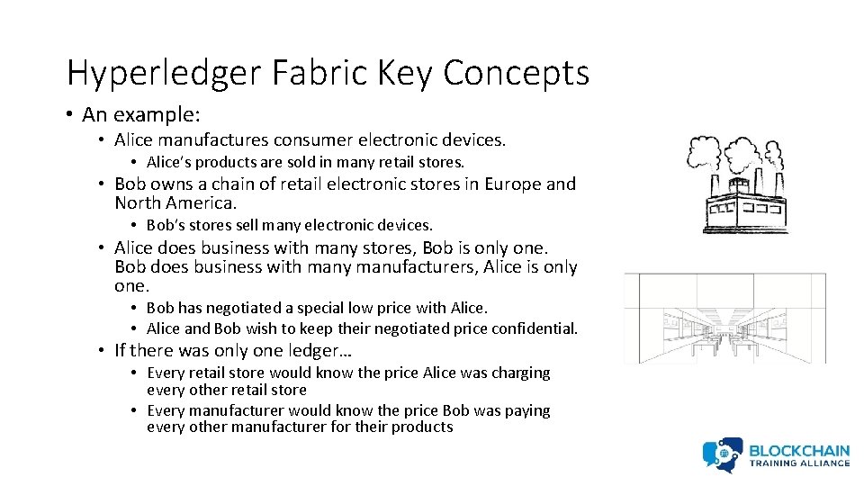 Hyperledger Fabric Key Concepts • An example: • Alice manufactures consumer electronic devices. •