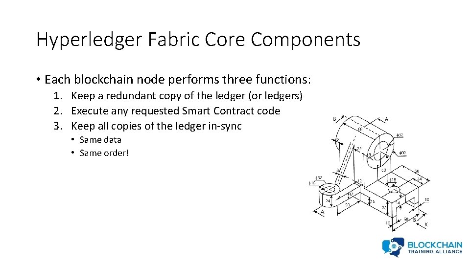 Hyperledger Fabric Core Components • Each blockchain node performs three functions: 1. Keep a