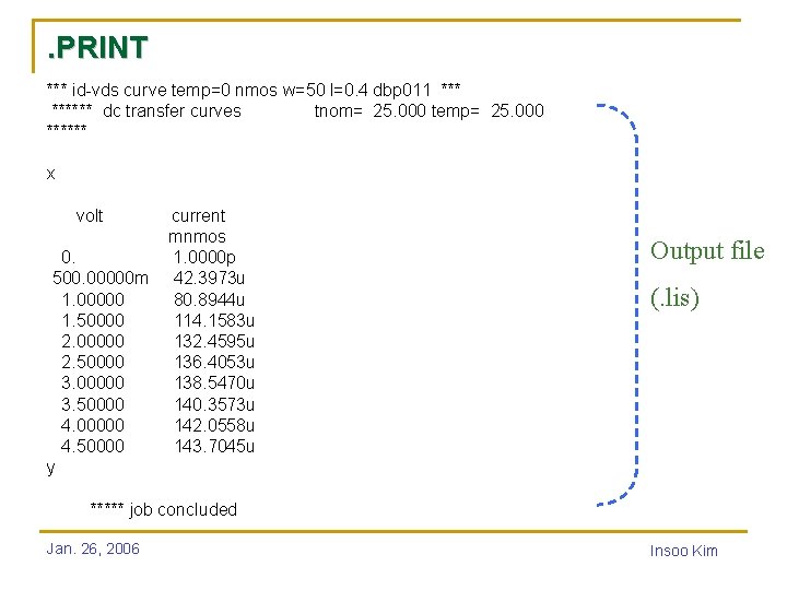 . PRINT *** id-vds curve temp=0 nmos w=50 l=0. 4 dbp 011 ****** dc