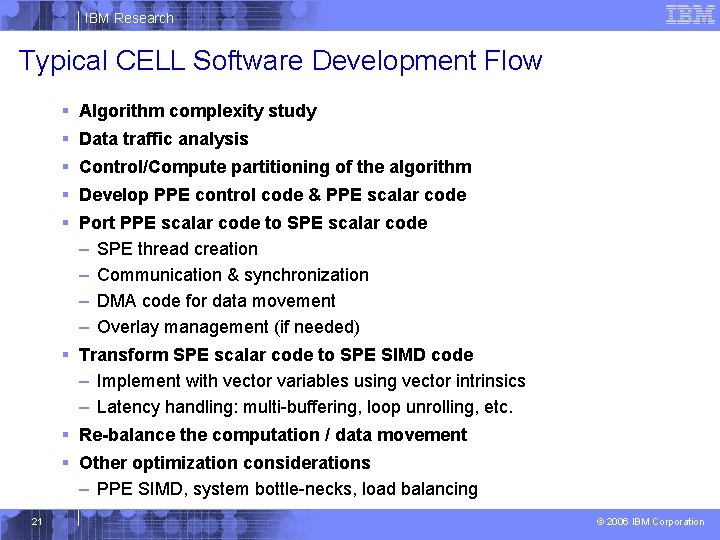 IBM Research Typical CELL Software Development Flow § Algorithm complexity study § Data traffic