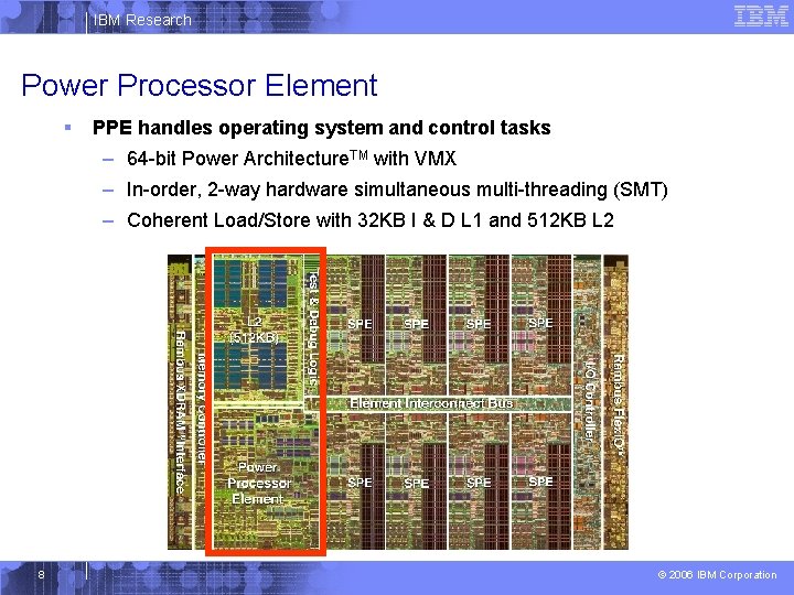 IBM Research Power Processor Element § PPE handles operating system and control tasks –