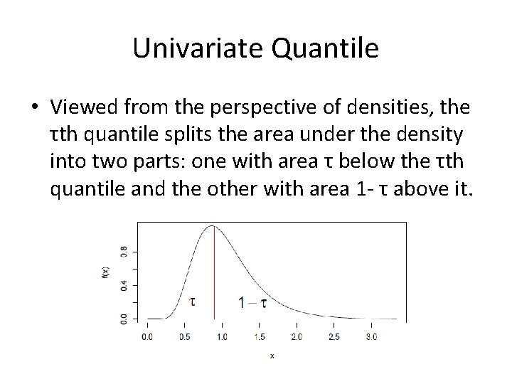 Univariate Quantile • Viewed from the perspective of densities, the τth quantile splits the