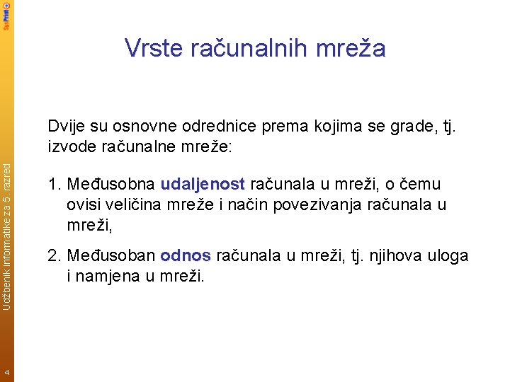 Vrste računalnih mreža Udžbenik informatike za 5. razred Dvije su osnovne odrednice prema kojima