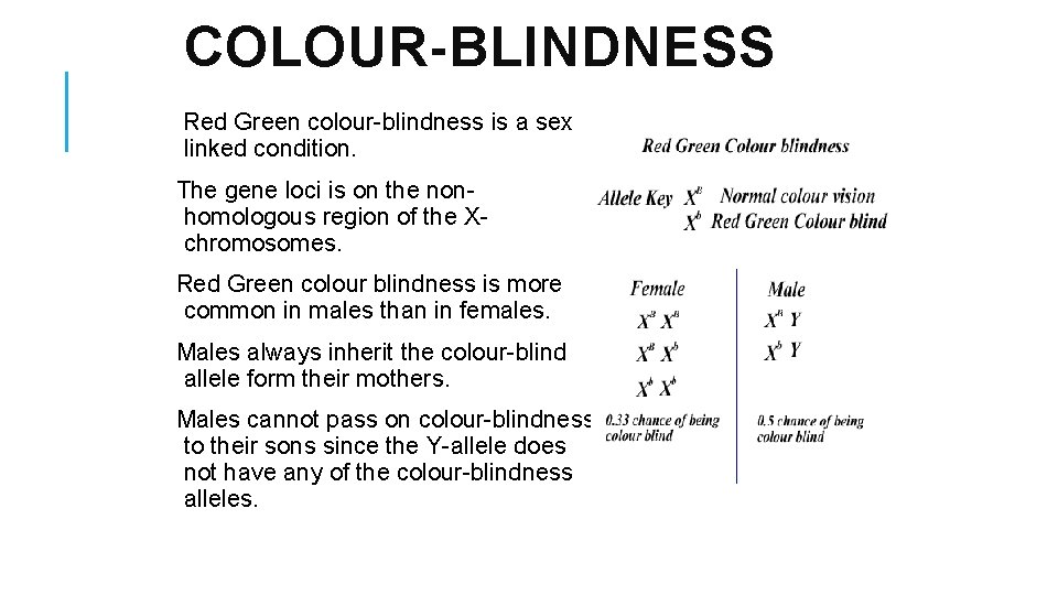 COLOUR-BLINDNESS Red Green colour-blindness is a sex linked condition. The gene loci is on