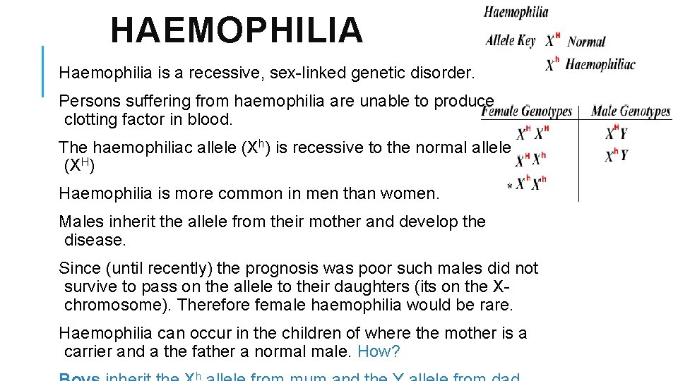 HAEMOPHILIA Haemophilia is a recessive, sex-linked genetic disorder. Persons suffering from haemophilia are unable