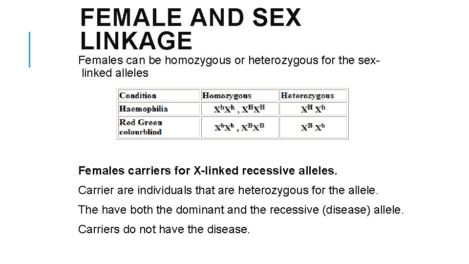 FEMALE AND SEX LINKAGE Females can be homozygous or heterozygous for the sexlinked alleles