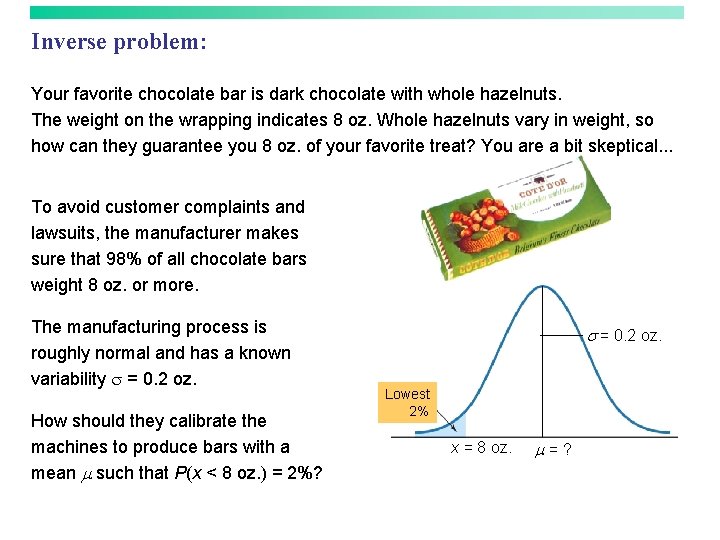 Inverse problem: Your favorite chocolate bar is dark chocolate with whole hazelnuts. The weight