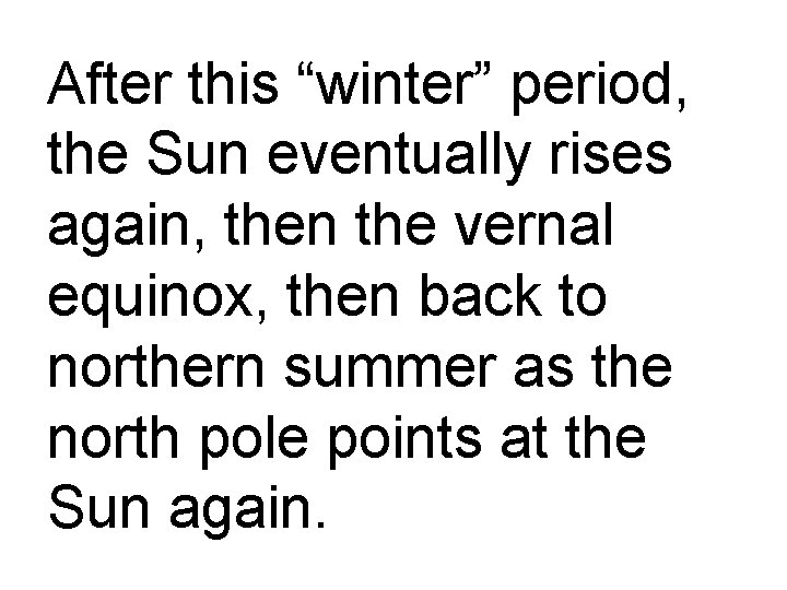 After this “winter” period, the Sun eventually rises again, then the vernal equinox, then