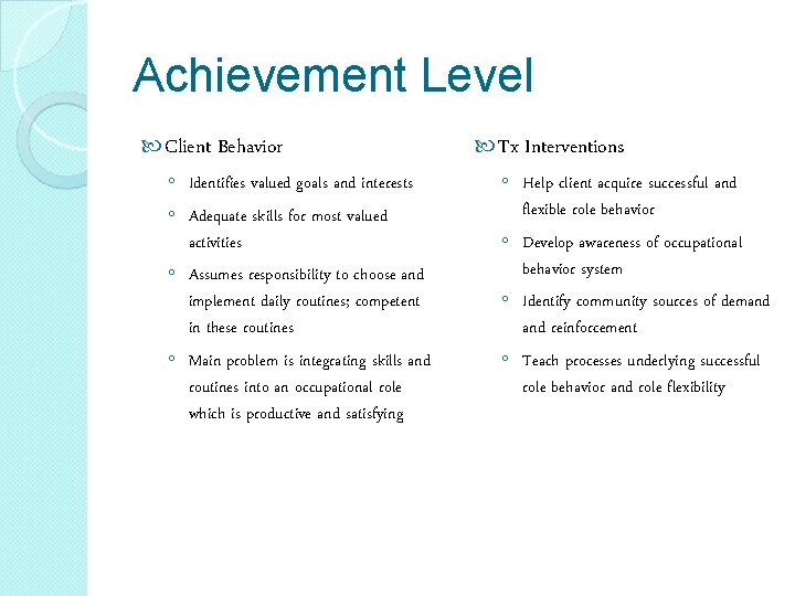 Achievement Level Client Behavior ◦ Identifies valued goals and interests ◦ Adequate skills for Achievement Level Client Behavior ◦ Identifies valued goals and interests ◦ Adequate skills for