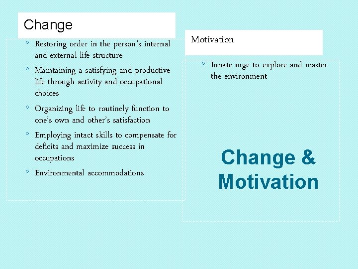 Change ◦ Restoring order in the person’s internal and external life structure ◦ Maintaining Change ◦ Restoring order in the person’s internal and external life structure ◦ Maintaining