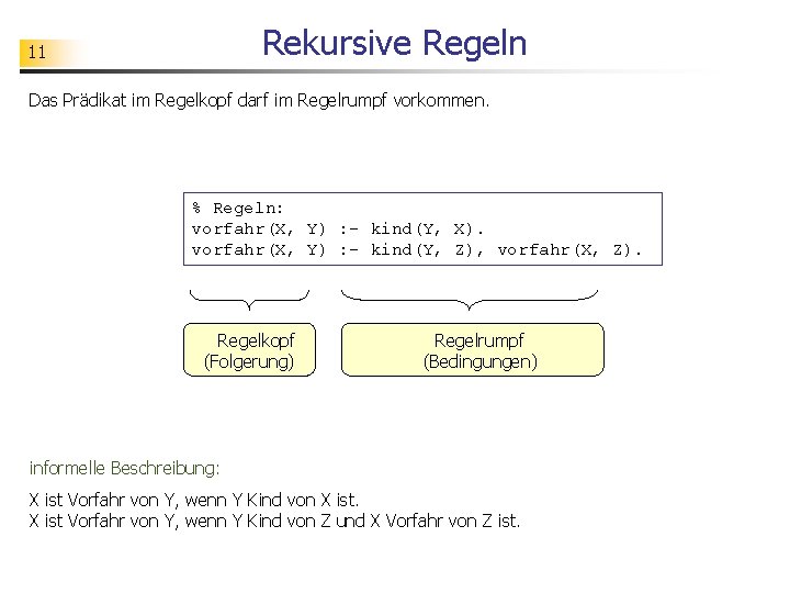 Rekursive Regeln 11 Das Prädikat im Regelkopf darf im Regelrumpf vorkommen. % Regeln: vorfahr(X,