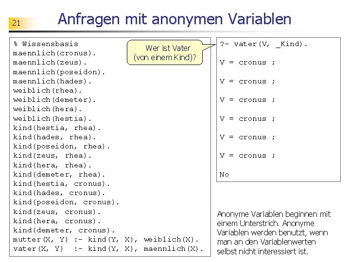 21 Anfragen mit anonymen Variablen % Wissensbasis Wer ist Vater maennlich(cronus). (von einem Kind)?