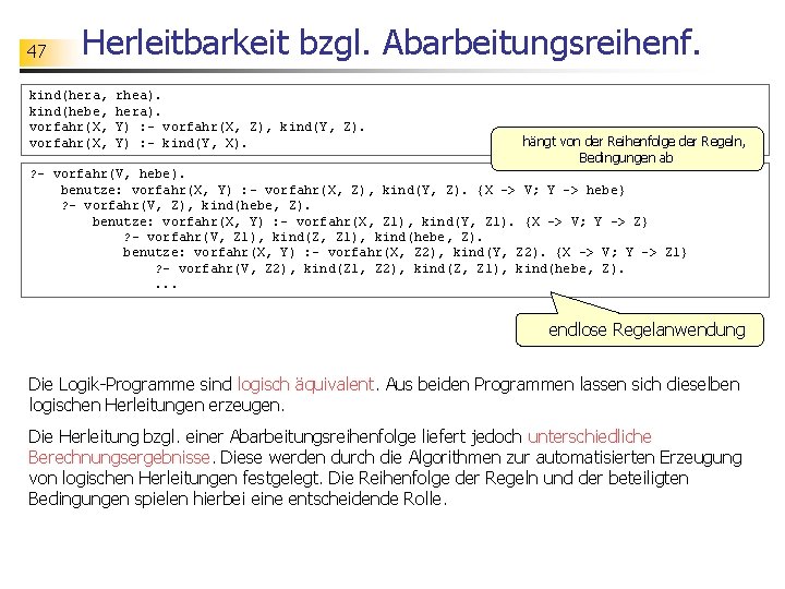 47 Herleitbarkeit bzgl. Abarbeitungsreihenf. kind(hera, kind(hebe, vorfahr(X, rhea). hera). Y) : - vorfahr(X, Z),