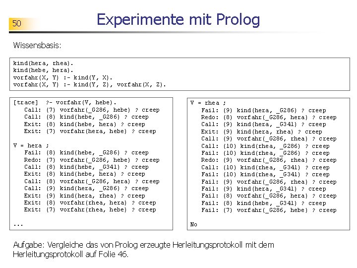 Experimente mit Prolog 50 Wissensbasis: kind(hera, kind(hebe, vorfahr(X, rhea). hera). Y) : - kind(Y,