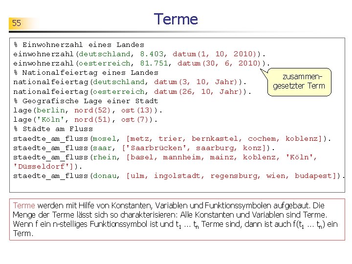 55 Terme % Einwohnerzahl eines Landes einwohnerzahl(deutschland, 8. 403, datum(1, 10, 2010)). einwohnerzahl(oesterreich, 81.