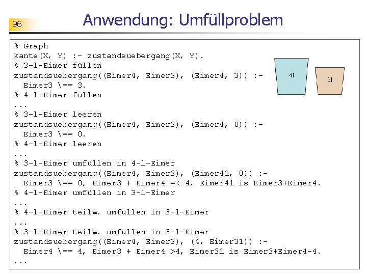 96 Anwendung: Umfüllproblem % Graph kante(X, Y) : - zustandsuebergang(X, Y). % 3 -l-Eimer