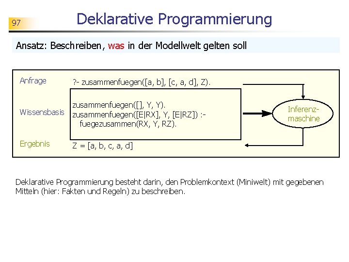 97 Deklarative Programmierung Ansatz: Beschreiben, was in der Modellwelt gelten soll Anfrage ? -