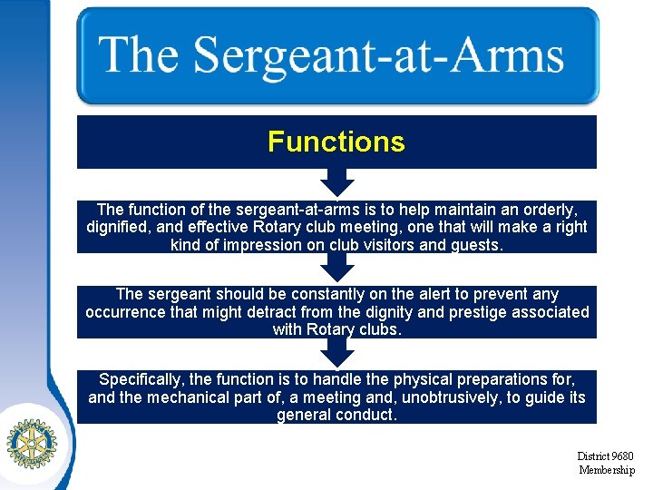Functions The function of the sergeant-at-arms is to help maintain an orderly, dignified, and