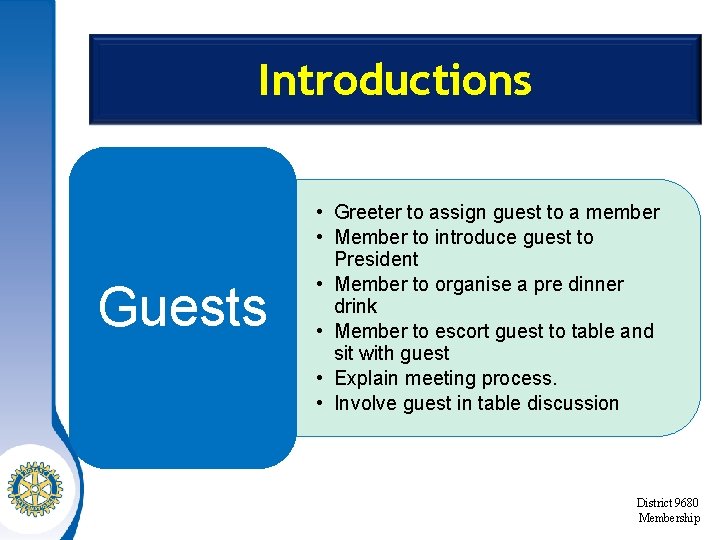 Introductions Guests • Greeter to assign guest to a member • Member to introduce
