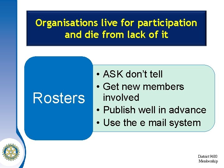 Organisations live for participation and die from lack of it Rosters • ASK don’t