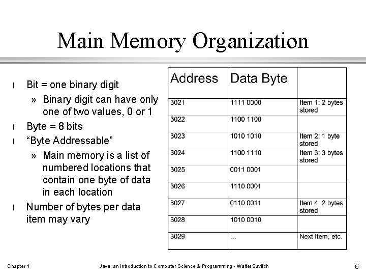 Main Memory Organization l l Bit = one binary digit » Binary digit can