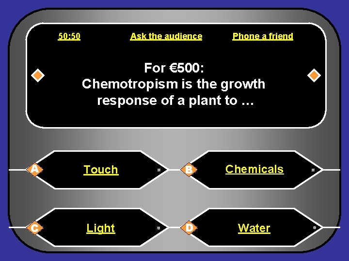 50: 50 Ask the audience Phone a friend For € 500: Chemotropism is the