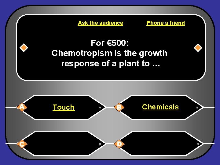 Ask the audience Phone a friend For € 500: Chemotropism is the growth response