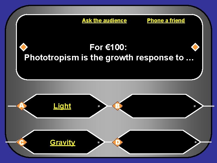 Ask the audience Phone a friend For € 100: Phototropism is the growth response