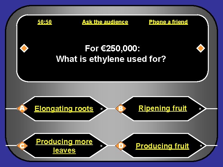 50: 50 Ask the audience Phone a friend For € 250, 000: What is
