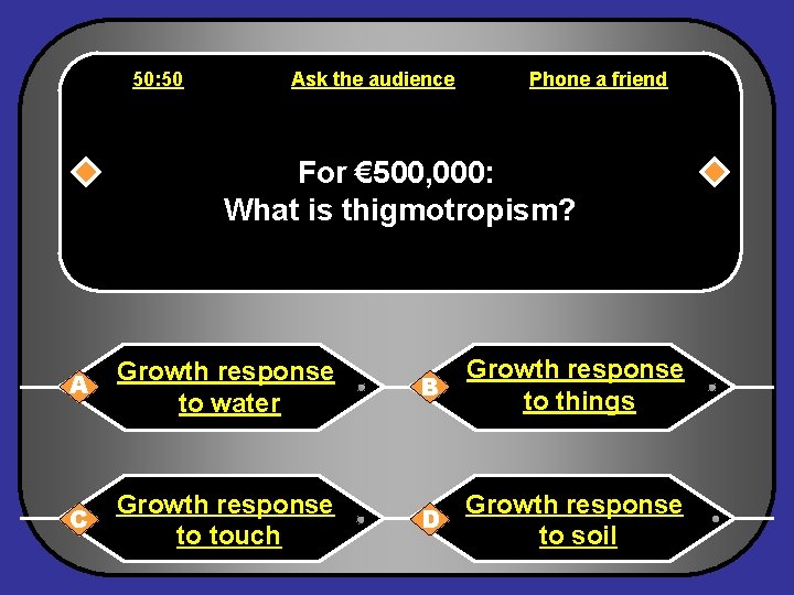 50: 50 Ask the audience Phone a friend For € 500, 000: What is