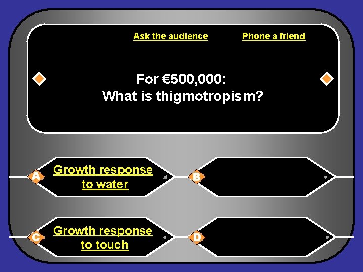 Ask the audience Phone a friend For € 500, 000: What is thigmotropism? A