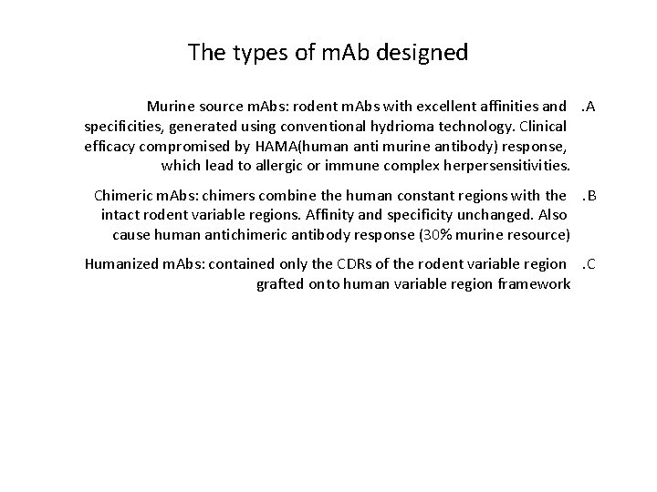 The types of m. Ab designed Murine source m. Abs: rodent m. Abs with
