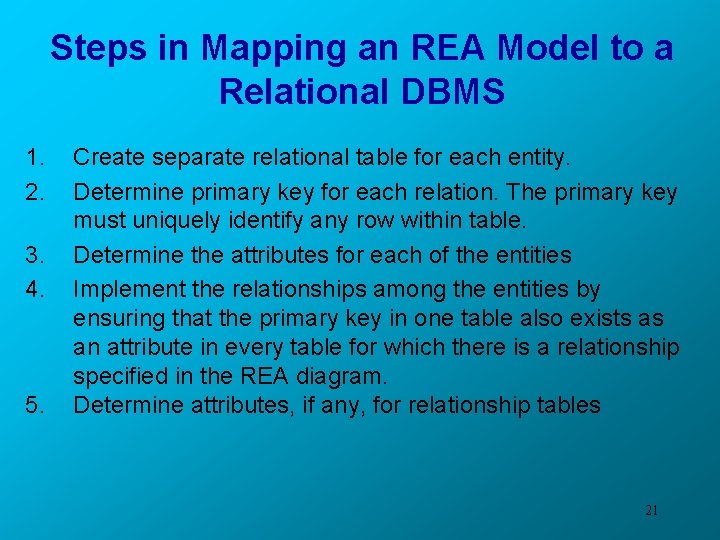 Steps in Mapping an REA Model to a Relational DBMS 1. 2. 3. 4.