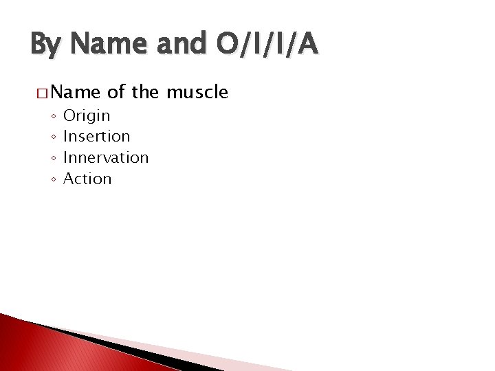 By Name and O/I/I/A � Name ◦ ◦ of the muscle Origin Insertion Innervation