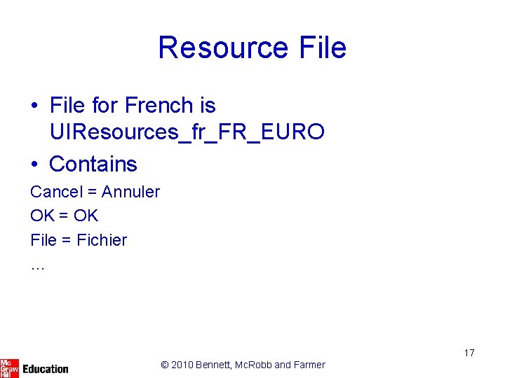 Resource File • File for French is UIResources_fr_FR_EURO • Contains Cancel = Annuler OK