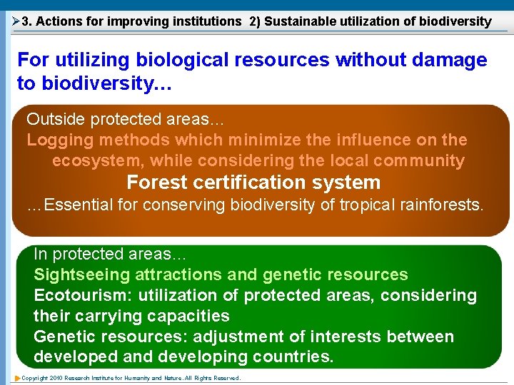 Ø 3. Actions for improving institutions 2) Sustainable utilization of biodiversity For utilizing biological