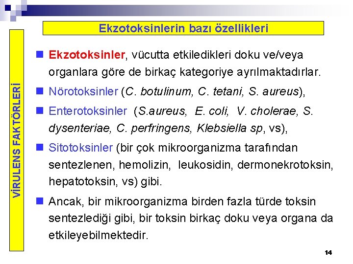 Ekzotoksinlerin bazı özellikleri VİRULENS FAKTÖRLERİ n Ekzotoksinler, vücutta etkiledikleri doku ve/veya organlara göre de