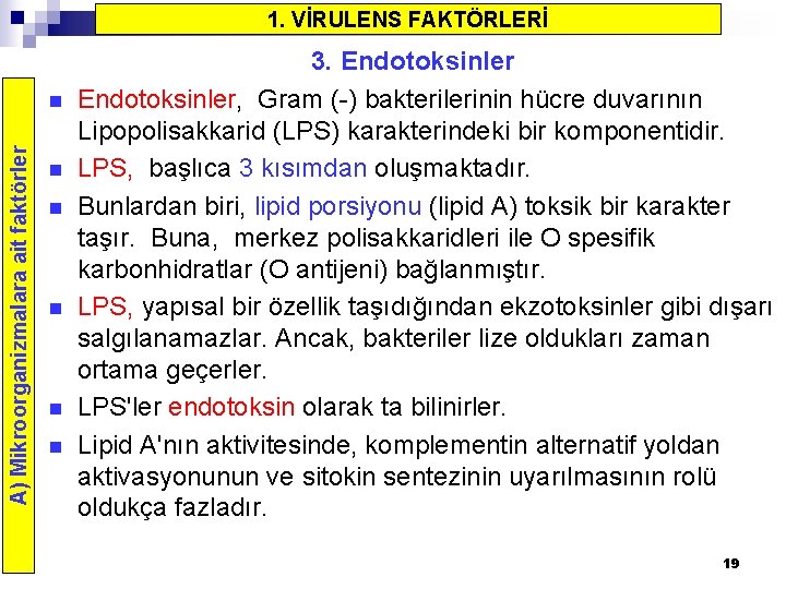 1. VİRULENS FAKTÖRLERİ A) Mikroorganizmalara ait faktörler n n n 3. Endotoksinler, Gram (-)