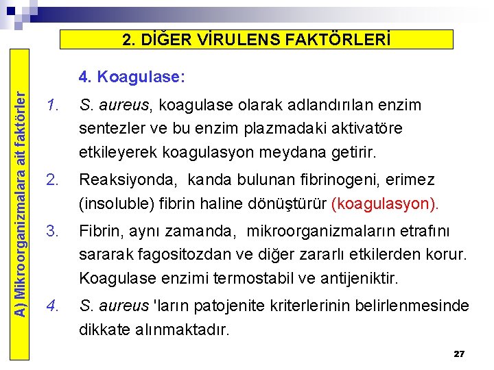 2. DİĞER VİRULENS FAKTÖRLERİ A) Mikroorganizmalara ait faktörler 4. Koagulase: 1. S. aureus, koagulase