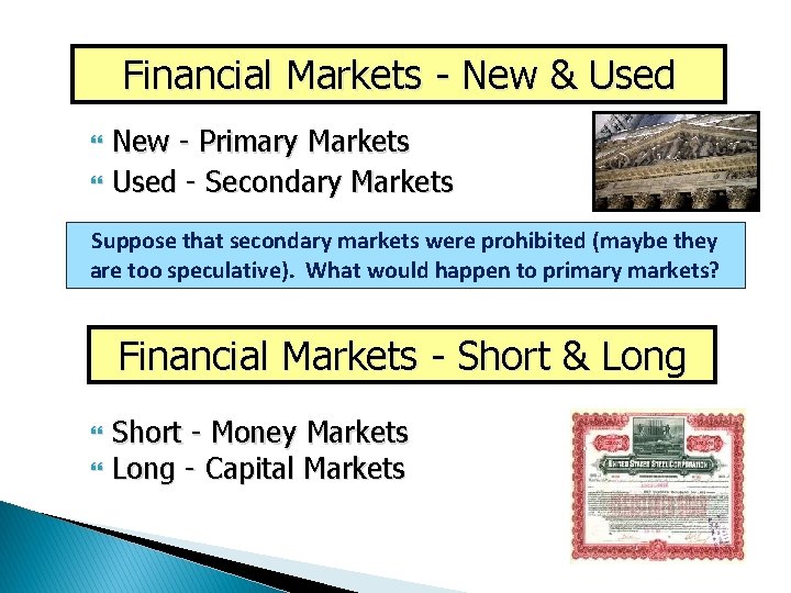 Financial Markets - New & Used New - Primary Markets Used - Secondary Markets