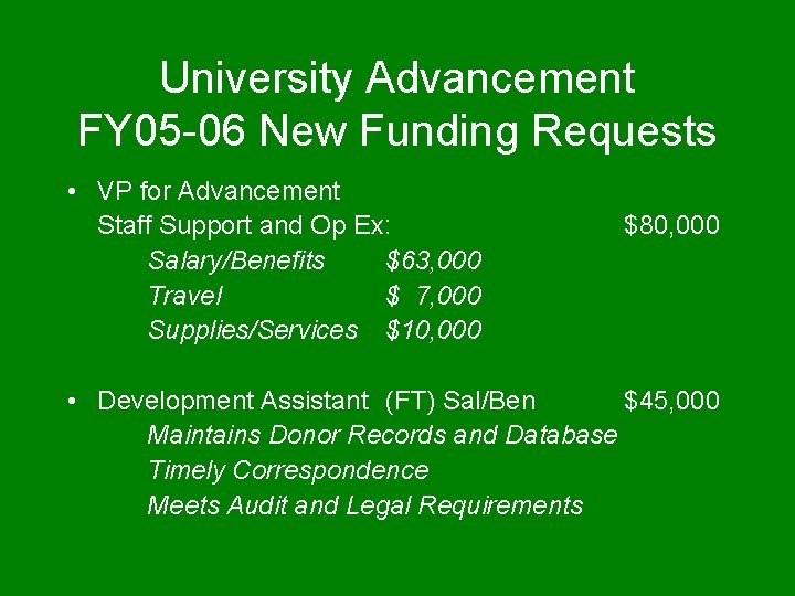 University Advancement FY 05 -06 New Funding Requests • VP for Advancement Staff Support