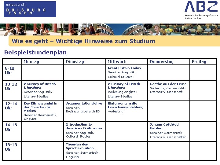 Wie es geht – Wichtige Hinweise zum Studium Beispielstundenplan Montag Dienstag 8 -10 Uhr