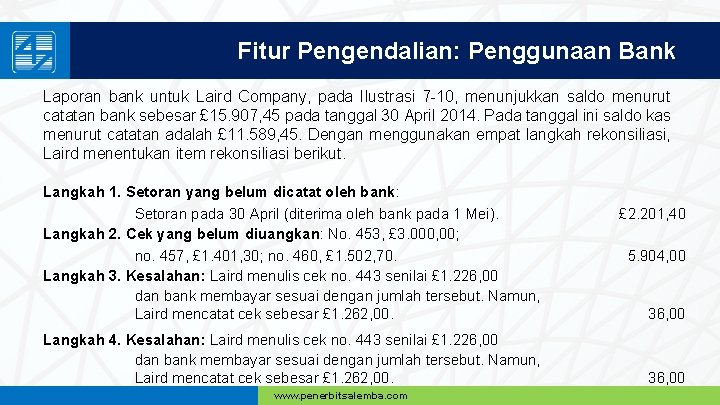 Fitur Pengendalian: Penggunaan Bank Laporan bank untuk Laird Company, pada Ilustrasi 7 -10, menunjukkan